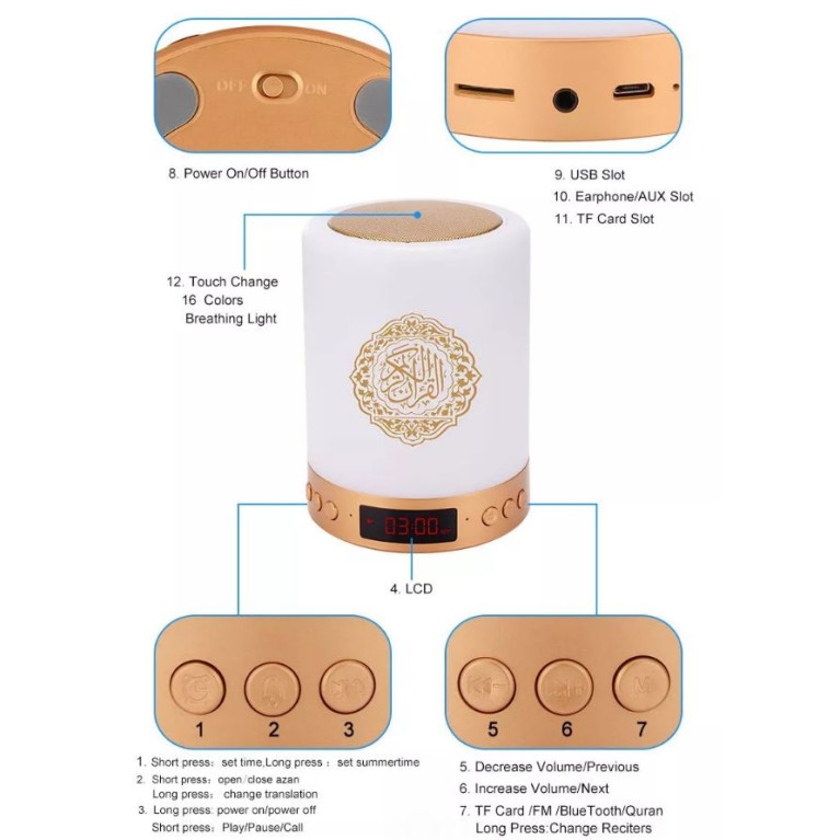 Veilleuse Coranique MP3 - Affichage Digital, Horloge Azan, Lecteur Coran, Bluetooth et Télécommande - Equantu - MQ-522A