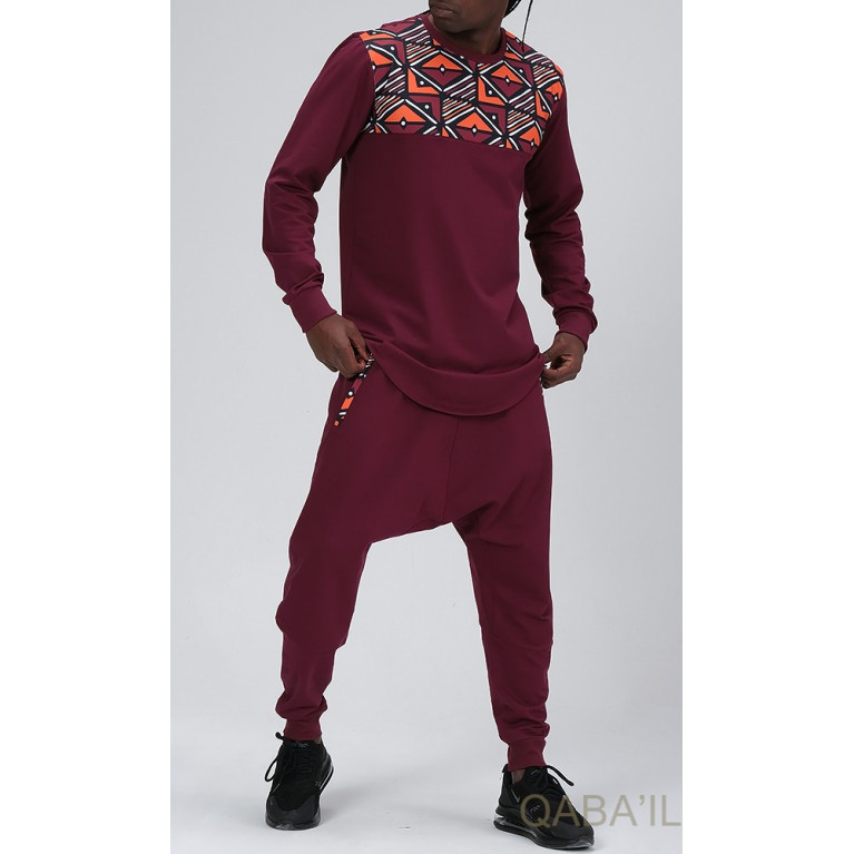 Survêtement Afro Wax - Bordeaux - Sarouel + Sweat Col Rond - Qaba'il