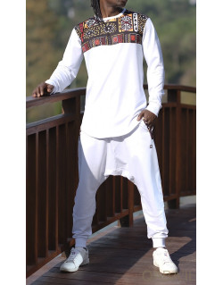 Survêtement Afro Wax - Blanc - Sarouel + Sweat Col Rond - Qaba'il