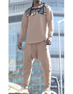 Survêtement Afro Wax - Beige - Sarouel + Sweat Col Rond - Qaba'il