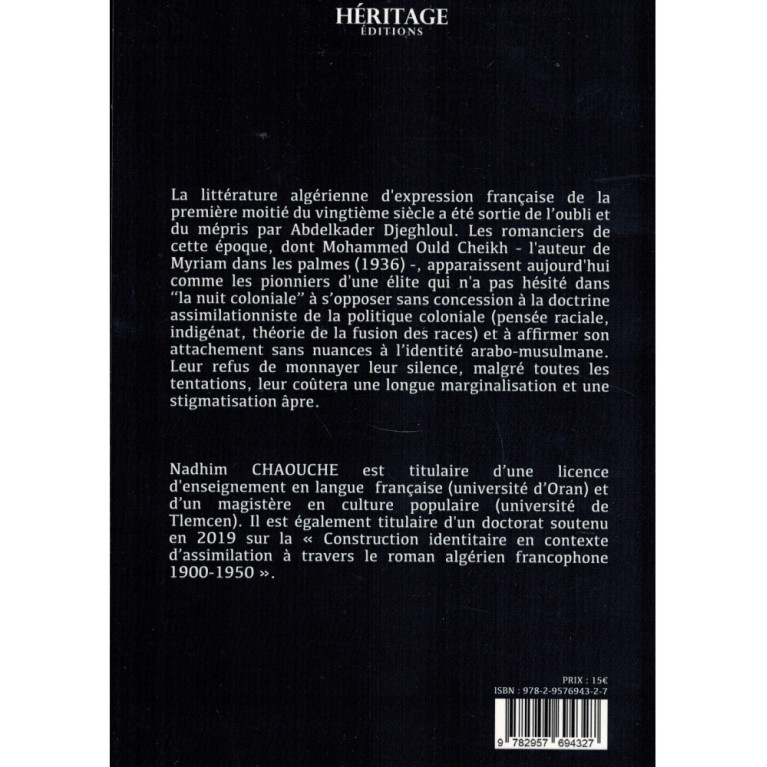 Le Roman Réformiste Musulman d'Expression Française En Algérie (1919-1939) - Nadhim Chaouche -Héritage Editions