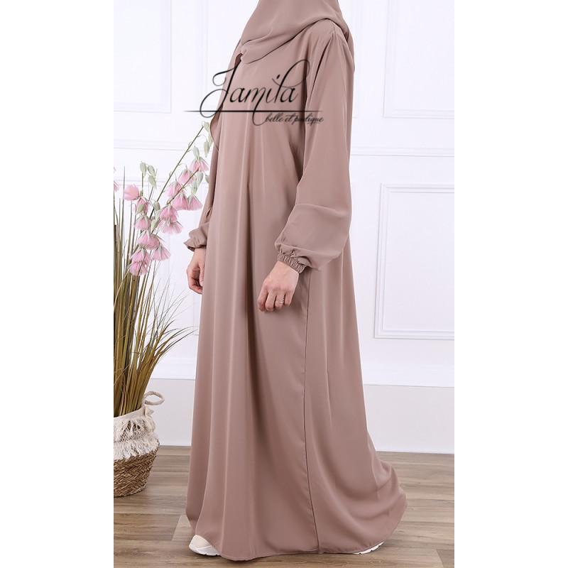 Abaya Manche Elastique - Taupe - Microfibre Léger - Jamila