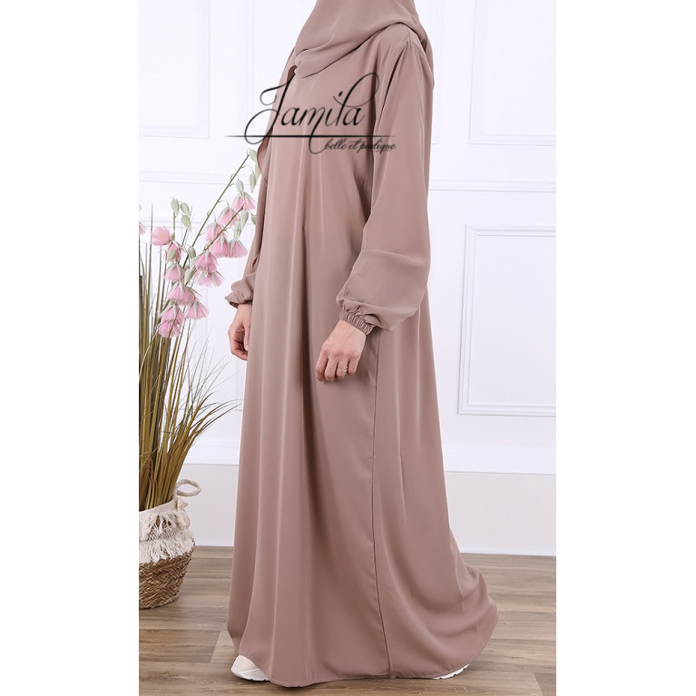 Abaya Manche Elastique - Taupe - Microfibre Léger - Jamila