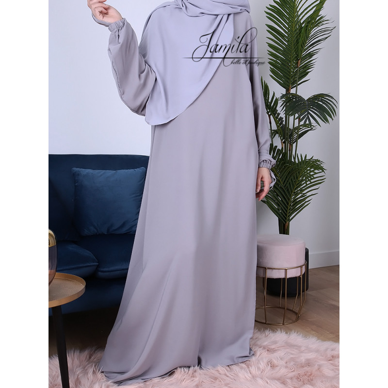 Abaya Manche Elastique - Gris Clair - Microfibre Léger - Jamila