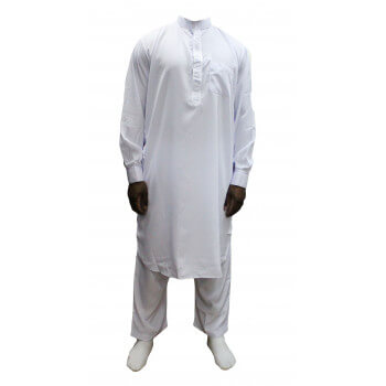 Qamis Pakistanais Blanc - Col et Bouton au Manche avec Pantalon Coupe Droite - Afaq - 3737