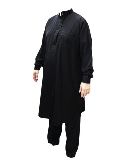Qamis Pakistanais Noir - Col et Bouton au Manche avec Pantalon Coupe Droite - Afaq - APN1