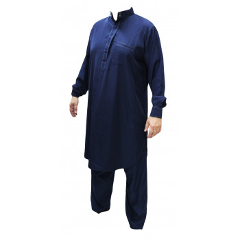 Qamis Pakistanais Bleu - Col et Bouton au Manche avec Pantalon Coupe Droite - Afaq - 4243