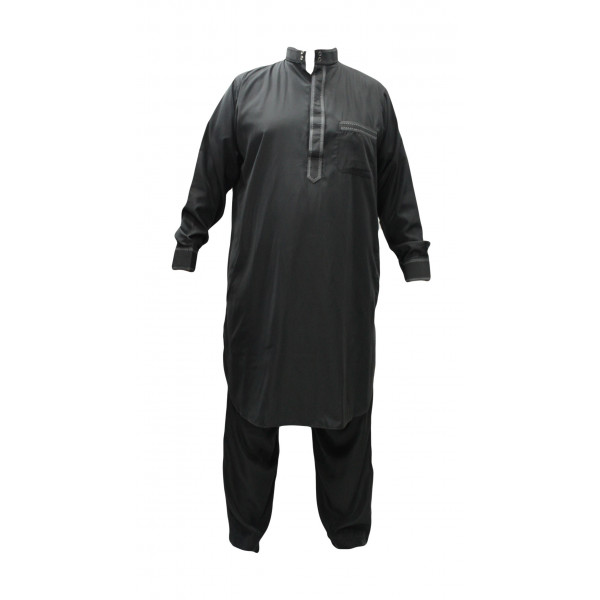Qamis Pakistanais Gris Anthracite - Col et Bouton au Manche avec Pantalon Coupe Droite - Afaq - APG1