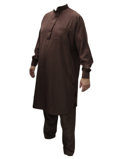 Qamis Pakistanais Marron Chocolat - Col et Boutton au Manche avec Pantalon Coupe Droite - Afaq - 4273