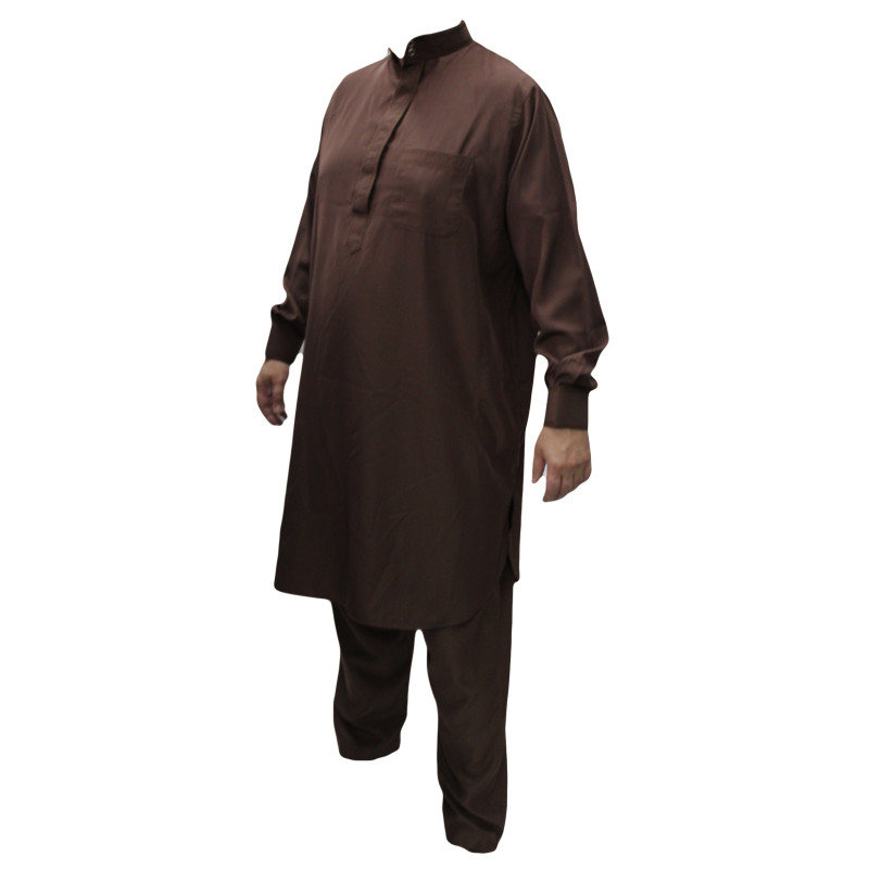 Qamis Pakistanais Marron Chocolat - Col et Boutton au Manche avec Pantalon Coupe Droite - Afaq - 4273 Qamis Pakistanais Marron Chocolat - Col et Boutton au Manche avec Pantalon Coupe Droite - Afaq - 4273