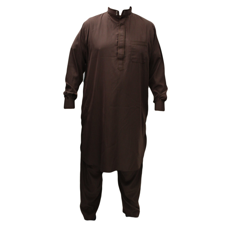 Qamis Pakistanais Marron Chocolat - Col et Boutton au Manche avec Pantalon Coupe Droite - Afaq - 4273 Qamis Pakistanais Marron Chocolat - Col et Boutton au Manche avec Pantalon Coupe Droite - Afaq - 4273