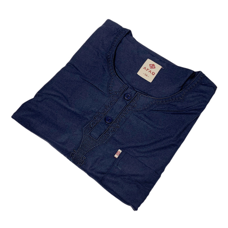 Qamis Omani Sans Col - Tissu Coton Bleu Nuit - Style Ikaf -Afaq Qamis Omani Sans Col - Tissu Coton Bleu Nuit - Style Ikaf -Afaq