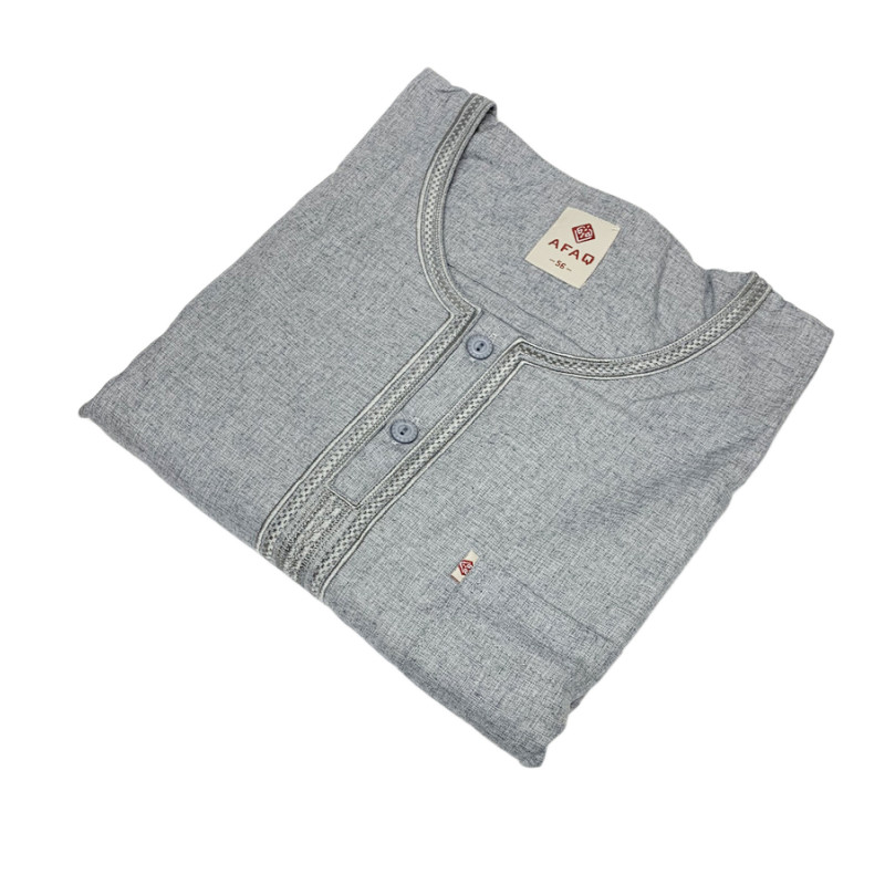 Qamis Omani Sans Col - Tissu Coton Gris Clair - Style Ikaf -Afaq Qamis Omani Sans Col - Tissu Coton Gris Clair - Style Ikaf -Afaq