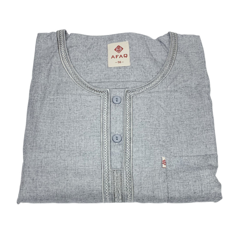 Qamis Omani Sans Col - Tissu Coton Gris Clair - Style Ikaf -Afaq Qamis Omani Sans Col - Tissu Coton Gris Clair - Style Ikaf -Afaq