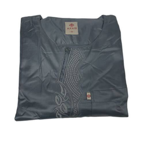 Qamis Pakistanais sans Col - Tissu Semi Glacé Anthracite - Qamis Court + Pantalon - Afaq Qamis Pakistanais sans Col - Tissu Semi Glacé Anthracite - Qamis Court + Pantalon - Afaq