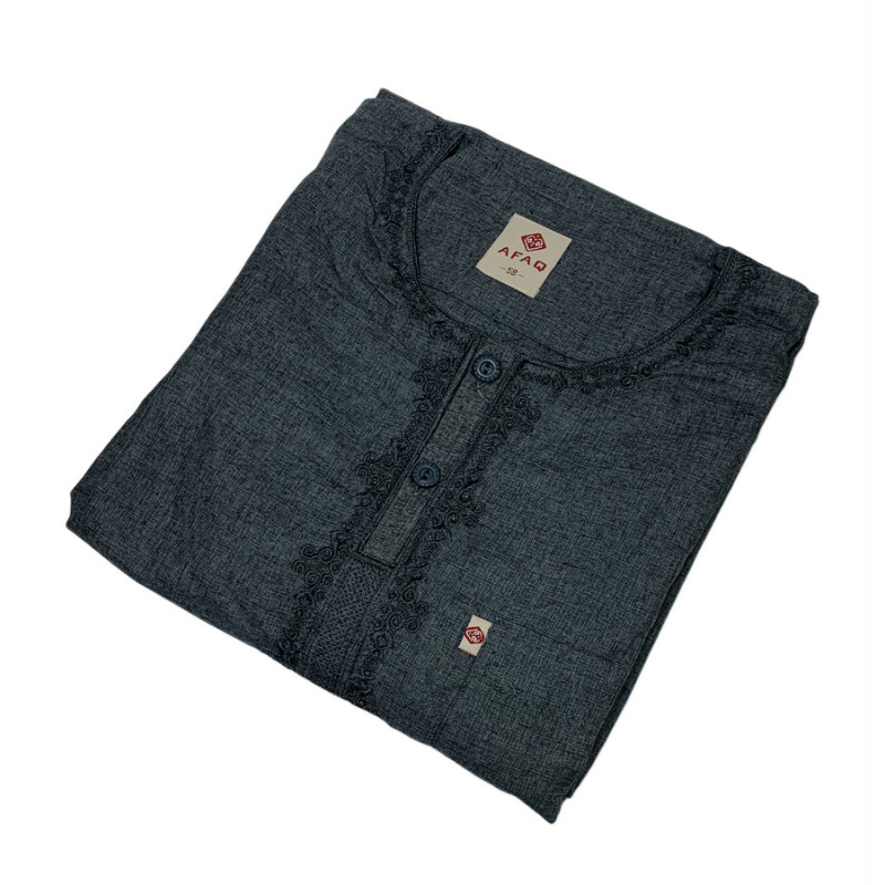 Qamis Pakistanais sans Col, Manche Courte - Tissu Coton Anthracite - Qamis Court + Pantalon - Afaq Qamis Pakistanais sans Col, Manche Courte - Tissu Coton Anthracite - Qamis Court + Pantalon - Afaq