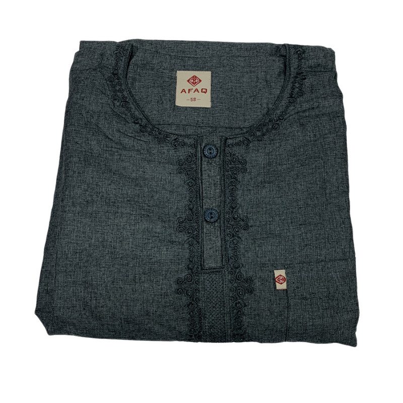 Qamis Pakistanais sans Col, Manche Courte - Tissu Coton Anthracite - Qamis Court + Pantalon - Afaq Qamis Pakistanais sans Col, Manche Courte - Tissu Coton Anthracite - Qamis Court + Pantalon - Afaq