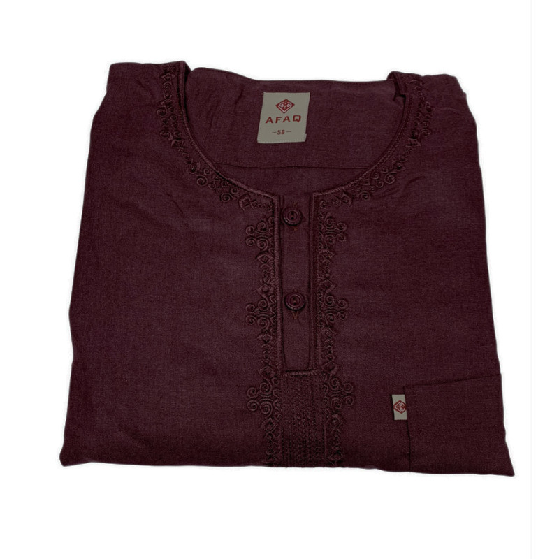 Qamis Pakistanais sans Col, Manche Courte - Tissu Coton Bordeaux - Qamis Court + Pantalon - Afaq