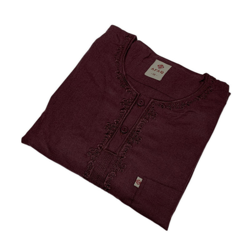 Qamis Pakistanais sans Col, Manche Courte - Tissu Coton Bordeaux - Qamis Court + Pantalon - Afaq