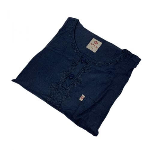 Qamis Pakistanais sans Col, Manche Courte - Tissu Coton Bleu Nuit - Qamis Court + Pantalon - Afaq