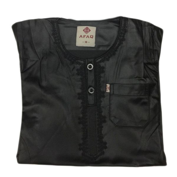 Qamis Afaq - Adolescents Noir -Manche Longue + Pantalon - Sans Col - Tissu Glacé - du 36 au 50