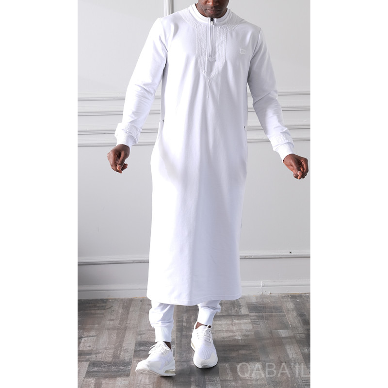 Qamis Long - Blanc et Broderie Blanc - Qaba'il : Sham