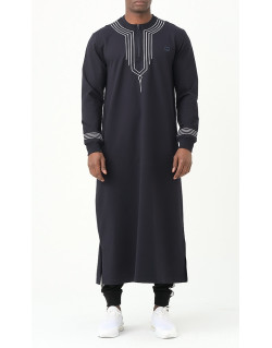 Qamis Long - Bleu Nuit et Broderie Blanc - Qaba'il : Sham