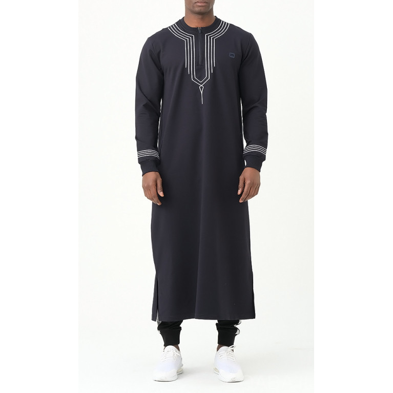 Qamis Long - Bleu Nuit et Broderie Blanc - Qaba'il : Sham Qamis Long - Bleu Nuit et Broderie Blanc - Qaba'il : Sham