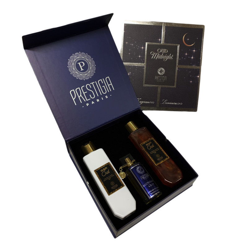 Coffret Oud Midnight - Extrait de Parfum,Gel Douche, Lait pour le Corps - Mixte Homme - Prestigia Coffret Oud Midnight - Extrait de Parfum,Gel Douche, Lait pour le Corps - Mixte Homme - Prestigia