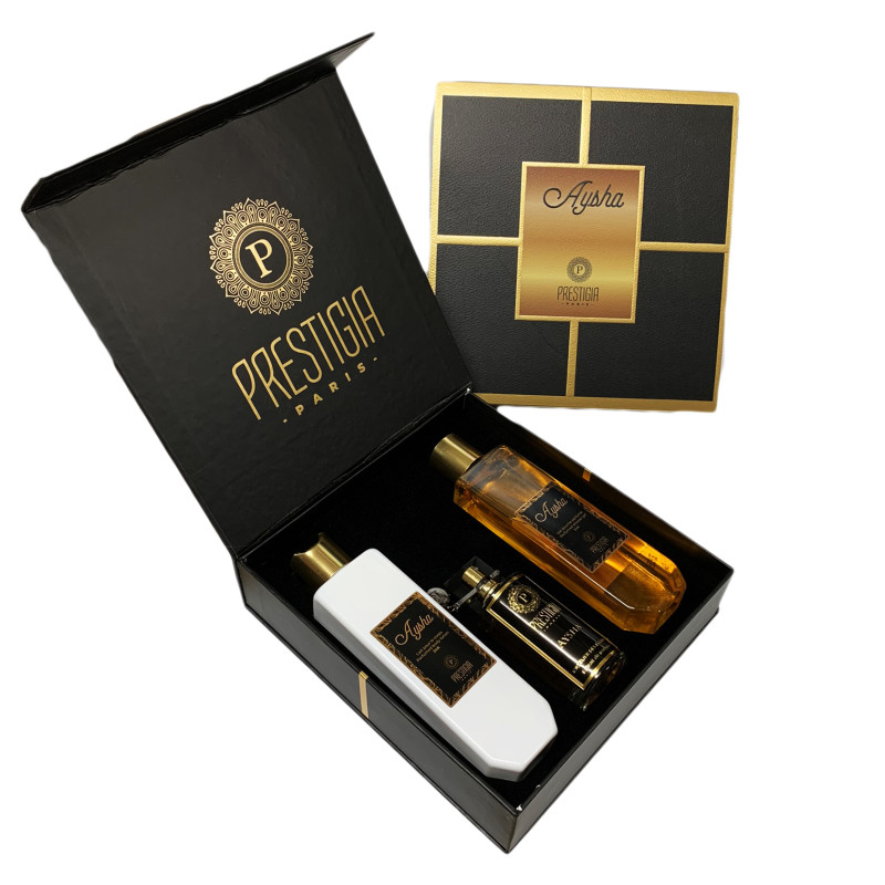 Coffret Aysha - Extraitde Parfum,Gel Douche, Lait pour le Corps - Mixte Homme et Femme - Prestigia Coffret Aysha - Extraitde Parfum,Gel Douche, Lait pour le Corps - Mixte Homme et Femme - Prestigia