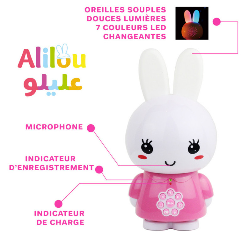 La Petite Lapinou Mouslim Rose : Alilou - Jouet et Veilleuse Ludo-éducatif - Haute Qualité de Son + 80 Minutes d'Audio - Led 7 C