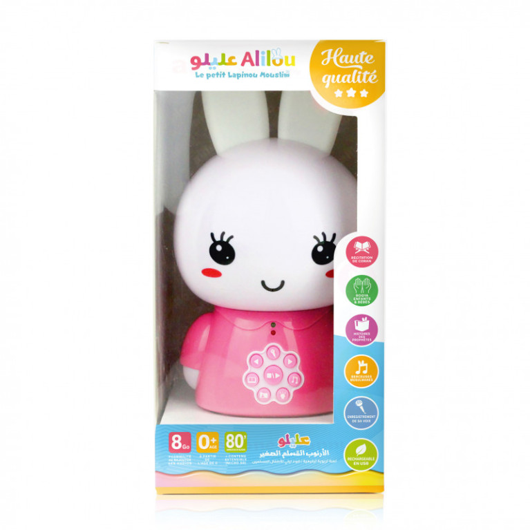 La Petite Lapinou Mouslim Rose : Alilou - Jouet et Veilleuse Ludo-éducatif - Haute Qualité de Son + 80 Minutes d'Audio - Led 7 C