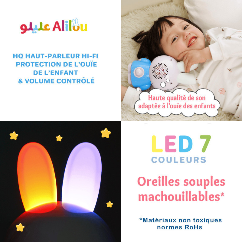 Le Petit Lapinou Mouslim Bleu : Alilou - Jouet et Veilleuse Ludo-éducatif - Haute Qualité de Son + 80 Minutes d'Audio - Led 7 C