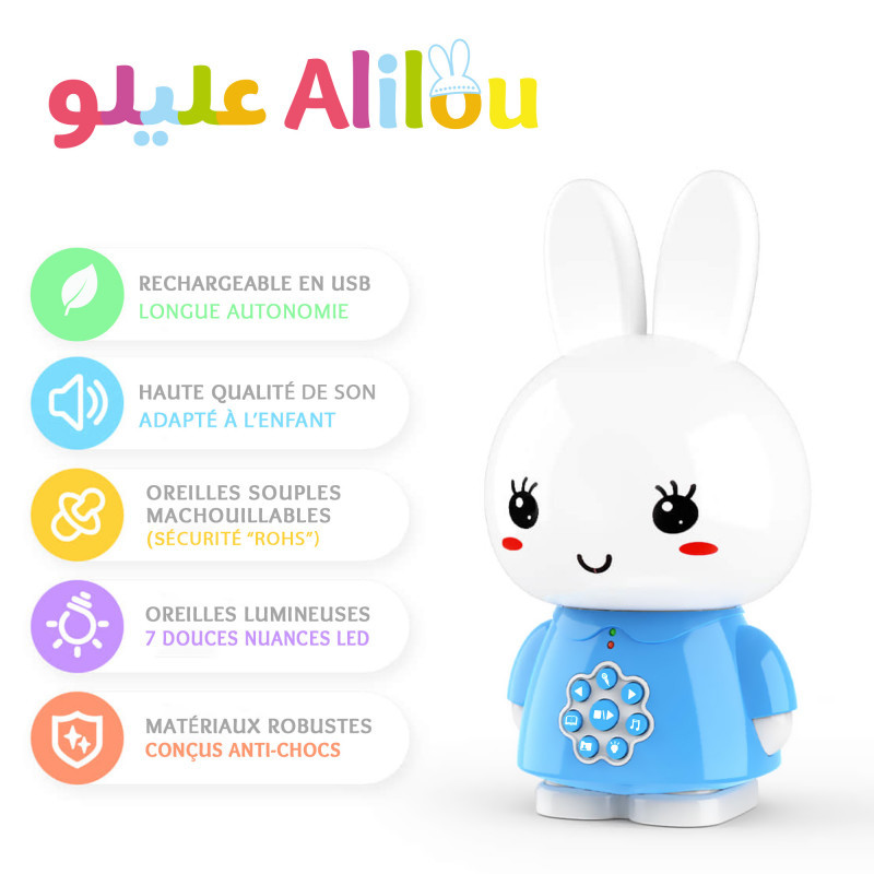 Le Petit Lapinou Mouslim Bleu : Alilou - Jouet et Veilleuse Ludo-éducatif - Haute Qualité de Son + 80 Minutes d'Audio - Led 7 C