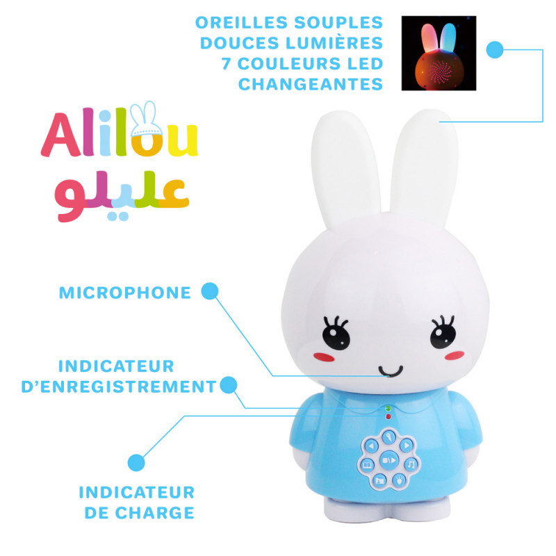 Le Petit Lapinou Mouslim Bleu : Alilou - Jouet et Veilleuse Ludo-éducatif - Haute Qualité de Son + 80 Minutes d'Audio - Led 7 C