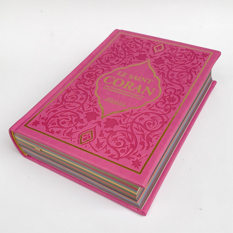 Le Saint Coran Rose - Couverture Daim - Pages Arc-En-Ciel - Français-Arabe-Phonétique - Maison Ennour