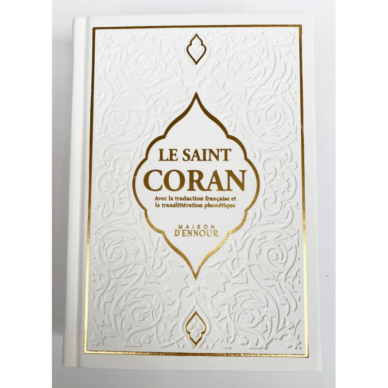 Le Saint Coran Blanc - Couverture Daim - Pages Arc-En-Ciel - Français-Arabe-Phonétique - Maison Ennour