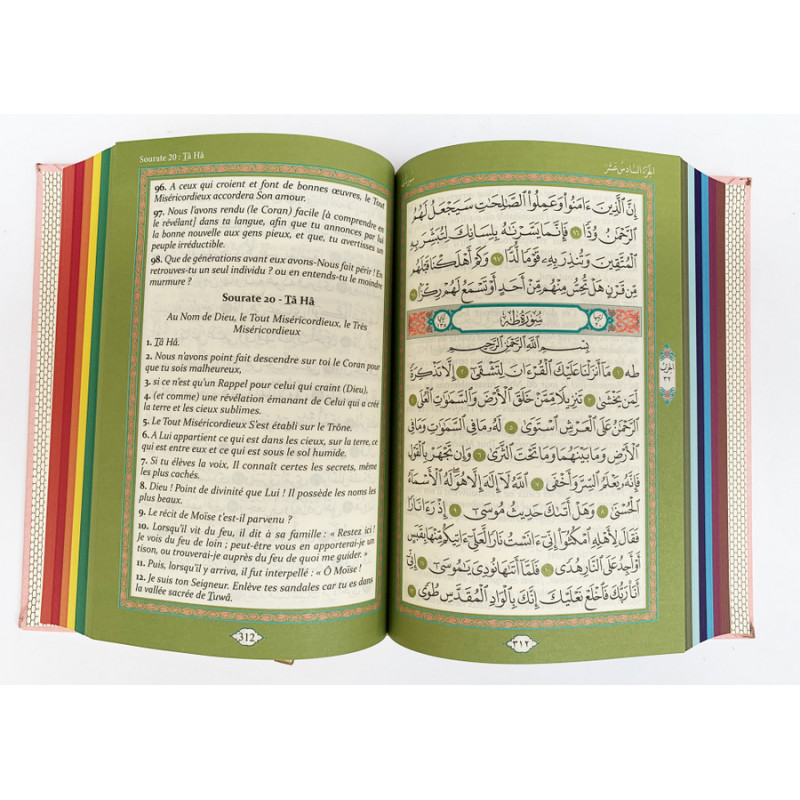 Le Saint Coran - Couverture Simili-Daim Rose Pâle - Pages Arc-En-Ciel - Arabe et Français - Format Moyen- 14,5 x 20.70 cm - Ed