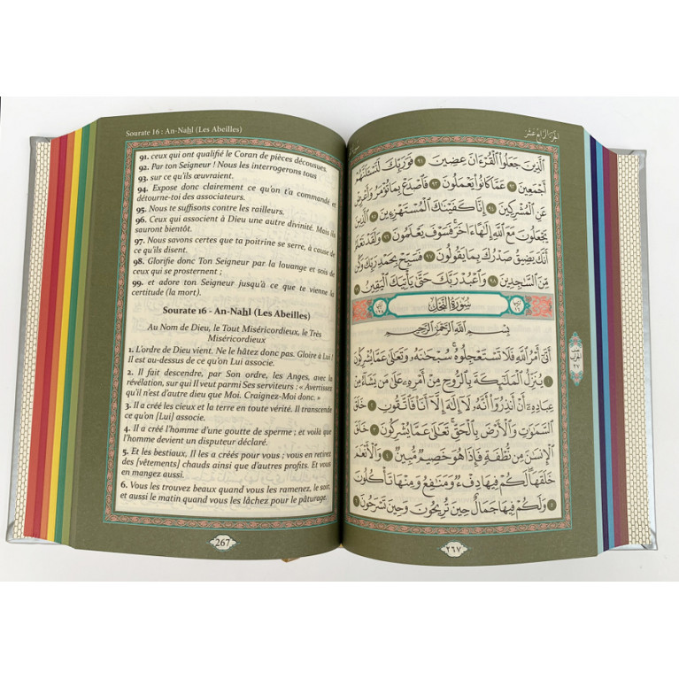 Le Saint Coran - Couverture Simili-Daim Argenté - Pages Arc-En-Ciel - Arabe et Français - Format Moyen- 14,5 x 20.70 cm - Edti