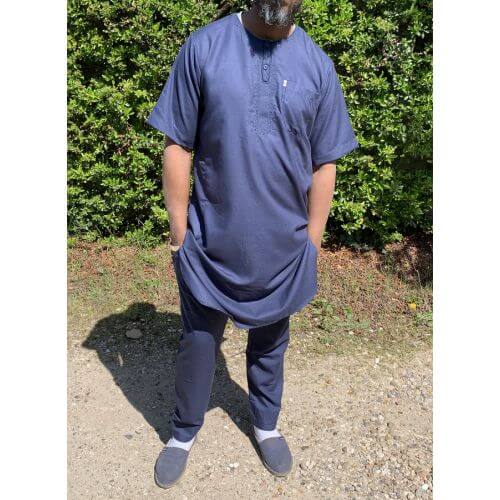 Qamis Pakistanais sans Col, Manche Courte - Tissu Coton Bleu Nuit - Qamis Court + Pantalon - Afaq