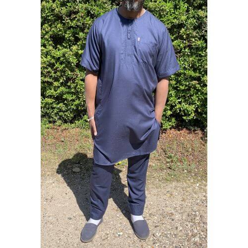 Qamis Pakistanais sans Col, Manche Courte - Tissu Coton Bleu Nuit - Qamis Court + Pantalon - Afaq