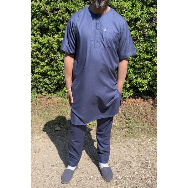 Qamis Pakistanais sans Col, Manche Courte - Tissu Coton Bleu Nuit - Qamis Court + Pantalon - Afaq