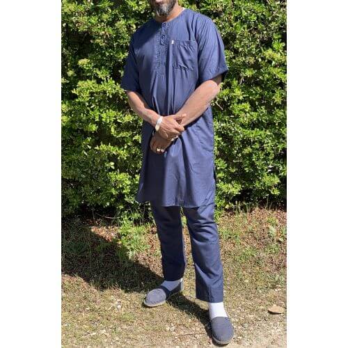 Qamis Pakistanais sans Col, Manche Courte - Tissu Coton Bleu Nuit - Qamis Court + Pantalon - Afaq