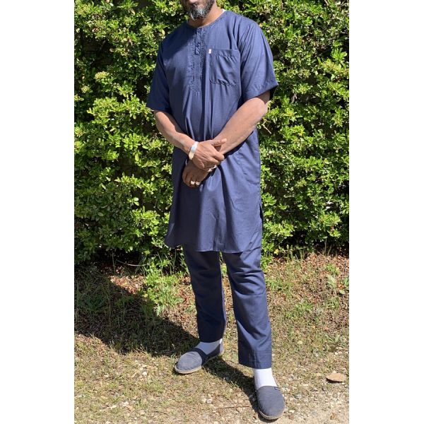 Qamis Pakistanais sans Col, Manche Courte - Tissu Coton Bleu Nuit - Qamis Court + Pantalon - Afaq