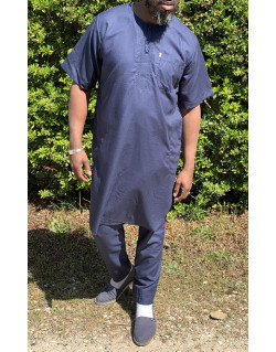 Qamis Pakistanais sans Col, Manche Courte - Tissu Coton Bleu Nuit - Qamis Court + Pantalon - Afaq