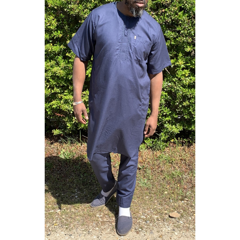 Qamis Pakistanais sans Col, Manche Courte - Tissu Coton Bleu Nuit - Qamis Court + Pantalon - Afaq