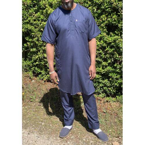 Qamis Pakistanais sans Col, Manche Courte - Tissu Coton Bleu Nuit - Qamis Court + Pantalon - Afaq Qamis Pakistanais sans Col, Manche Courte - Tissu Coton Bleu Nuit - Qamis Court + Pantalon - Afaq