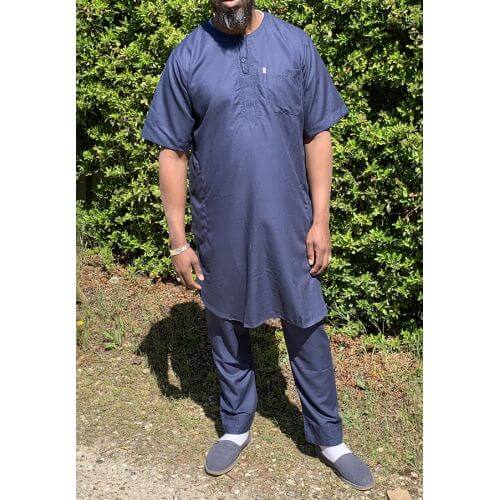 Qamis Pakistanais sans Col, Manche Courte - Tissu Coton Bleu Nuit - Qamis Court + Pantalon - Afaq