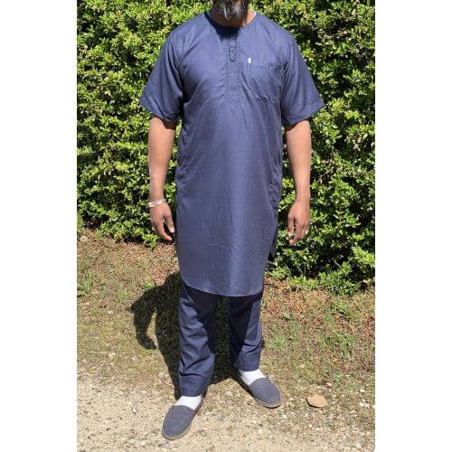 Qamis Pakistanais sans Col, Manche Courte - Tissu Coton Bleu Nuit - Qamis Court + Pantalon - Afaq