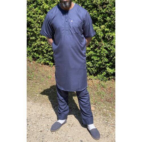 Qamis Pakistanais sans Col, Manche Courte - Tissu Coton Bleu Nuit - Qamis Court + Pantalon - Afaq